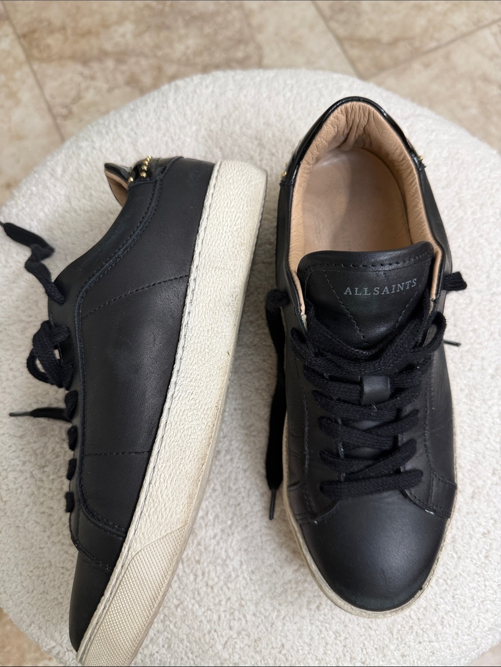 AllSaints Black Leather Women’s Low-Top Sneakers with Distressed Look - Picture 5 of 5